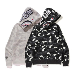 Bathing Ape Bape Hoodie Black and White Luminous Shark Coat Looped Fabric Hooded Shark Sweater Shark Embroidered Hoodie