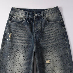 Mens trendy purple jeans 100% cotton Jeans Rhinestones #9131