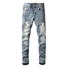 Mens trendy purple jeans 100% cotton Rhinestones #9132