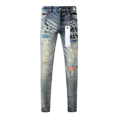 Mens trendy purple jeans 100% cotton High Street Distressed