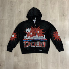 DUAA Hoodie Trendy Rhinestone-Embellished Distressed French Terry Hoodie