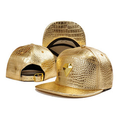 Trendy flat brimmed snapback hatsgold leather adjustable visor