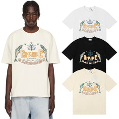 Rhude T Shirts Sardines Badge Printing Cotton Casual Short Sleeve Men and Women