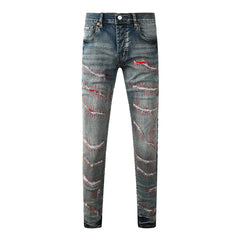 Mens trendy purple jeans 100% cotton High Street Distressed
