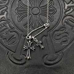 CHH Chrome heart Cross Necklace Vintage Double Cross Pin Male and Female Collarbone Chain