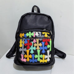 Cross-pattern bag Chrome colored leather splicing backpack schoolbag retro large capacity men and women