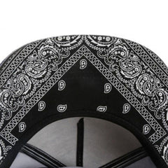 Trendy flat brimmed snapback hatscashew pattern printing embroider leather hat