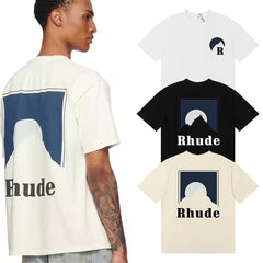 Rhude T Shirts Moonlight Blue Printed Cotton Casual Short Sleeve Men and Women