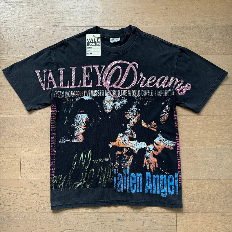 Valeforever Vale T Shirts Black acid-washed, distressed finish with printed and rhinestone-embellished graphics.