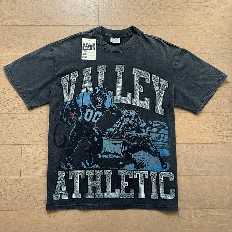 Valeforever Vale T Shirts Black acid-washed style with rhinestone lettering
