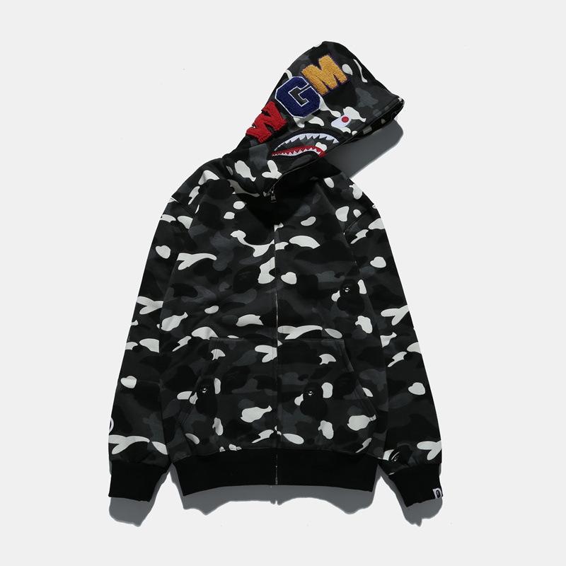 Bathing Ape Bape Hoodie Autumn and Winter Men's Shark Luminous Camouflage Brushed Shark Sweater Men's Hooded Casual Coat