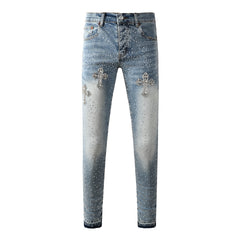 Mens trendy purple jeans 100% cotton Rhinestones #9132