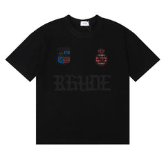 Rhude T Shirts Gothic Letter Badge Printing Cotton Casual Crew Neck Short Sleeve Men and Women