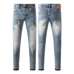 Mens trendy purple jeans 100% cotton Jeans Rhinestones #9132
