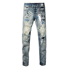 Mens trendy purple jeans 100% cotton High Street Distressed