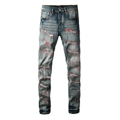 Mens trendy purple jeans 100% cotton High Street Distressed