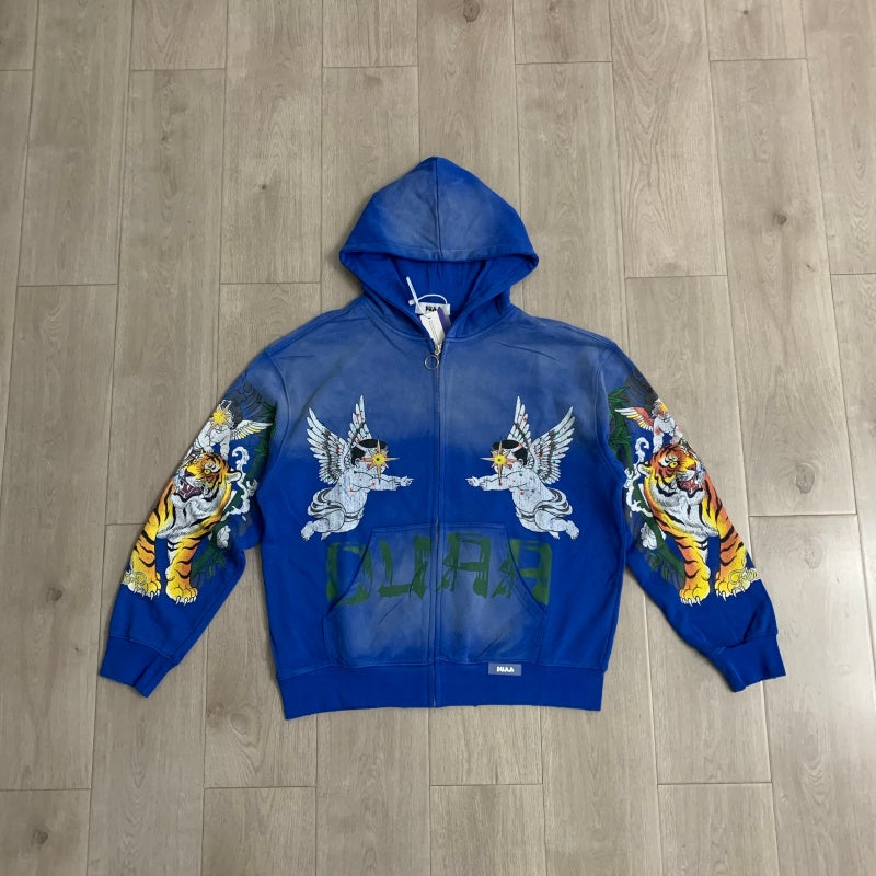 DUAA Hoodie Distressed, ripped, pure cotton hoodie with rhinestone embellishments.