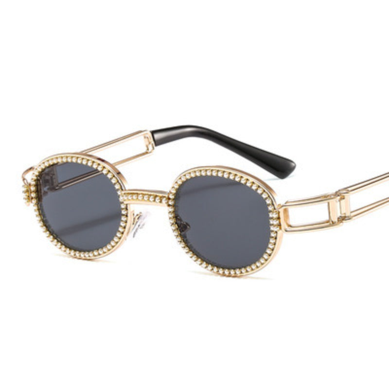 Trendy punk glasses small oval pearl uv protection
