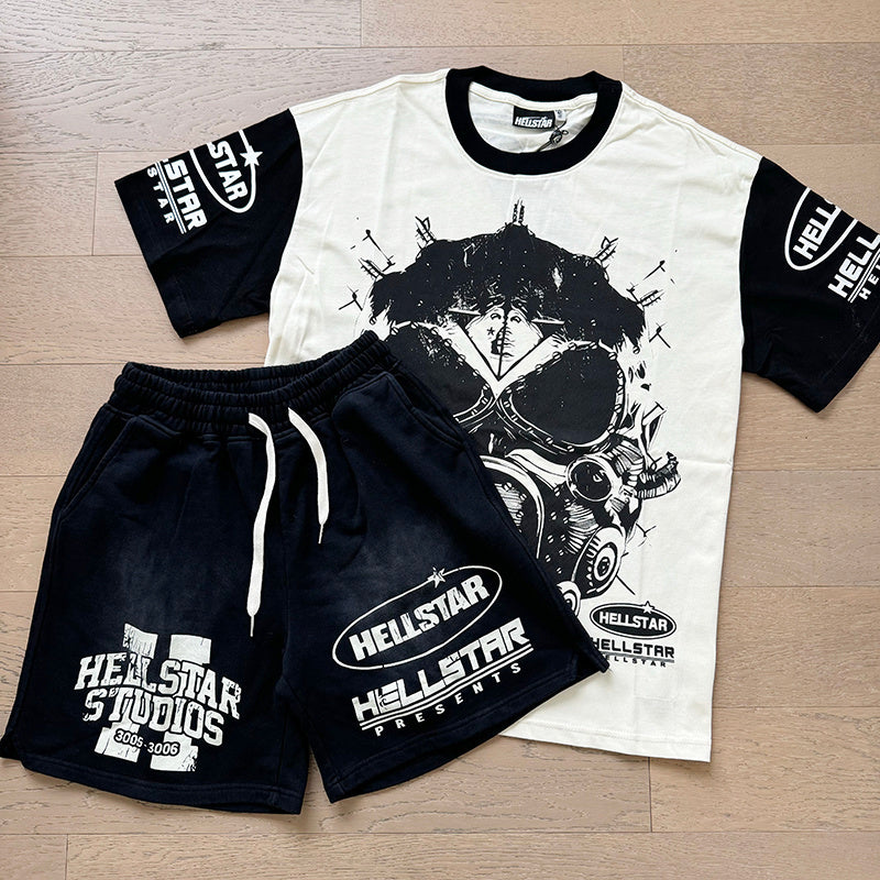 Hellstar T-Shirt And Shorts Two-Piece Set High-quality pure cotton high-street clothing