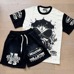 Hellstar T-Shirt And Shorts Two-Piece Set High-quality pure cotton high-street clothing