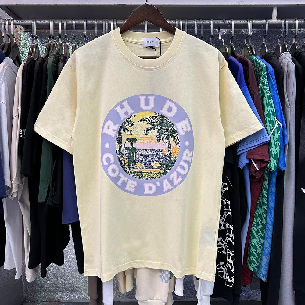 Rhude T Shirts Lake Coconut Landscape Print Cotton Casual Short Sleeve Men and Women