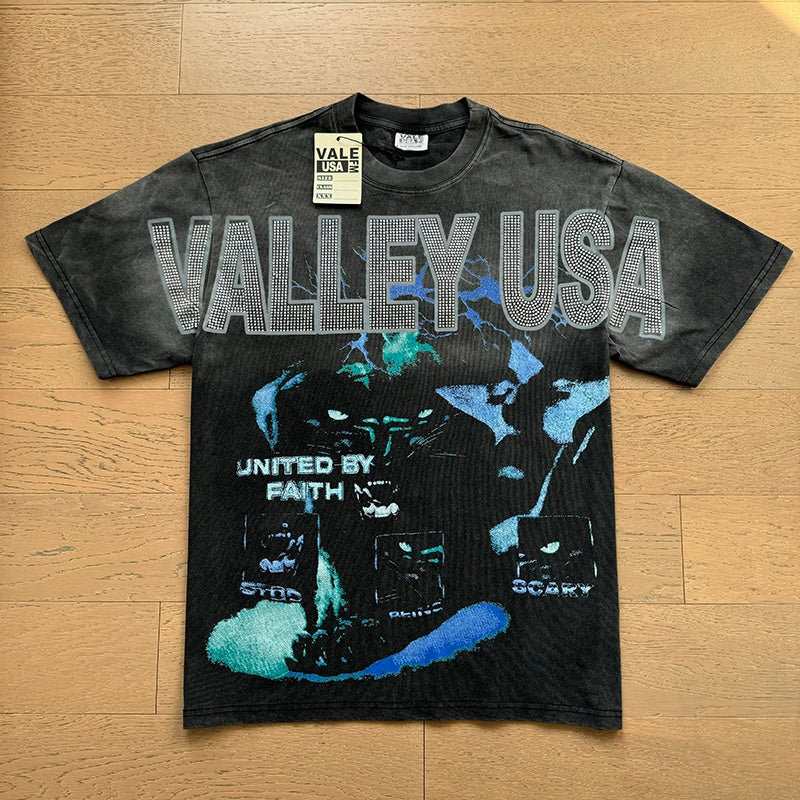 Valeforever Vale T Shirts Washed black with a distressed finish and hot-fix rhinestones.