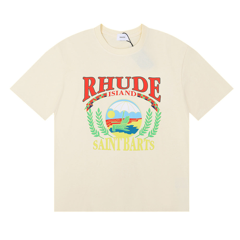 Rhude T Shirts Sunset Beach Pattern Printed Cotton Casual Short Sleeves Men and Women