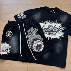 Hellstar T-Shirt And Shorts Two-Piece Set High-quality pure cotton high-street clothing
