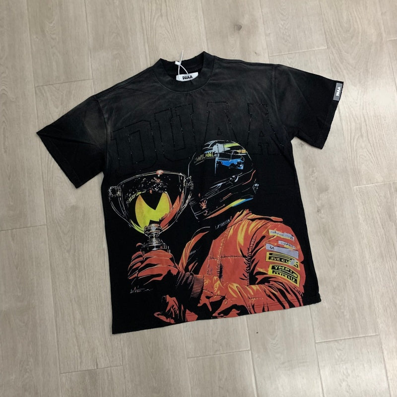 DUAA T shirts Trophies T-shirt, an American streetwear brand, features rhinestone embellishments and a washed finish.