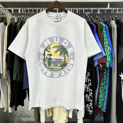 Rhude T Shirts Lake Coconut Landscape Print Cotton Casual Short Sleeve Men and Women