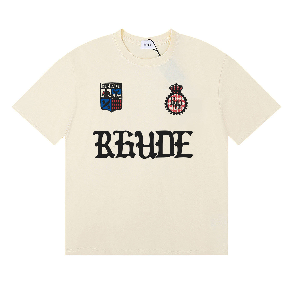 Rhude T Shirts Gothic Letter Badge Printing Cotton Casual Crew Neck Short Sleeve Men and Women