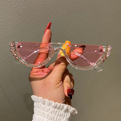 Trendy punk glasses half frame diamond