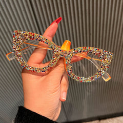 Trendy punk glasses cat eye full diamond anti-blue light retro