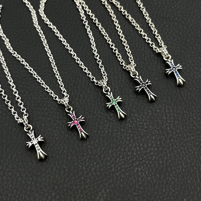 CHH Chrome heart Cross Necklace Vintage Cross Men's and Women's Colored Diamond Pendant