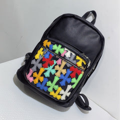 Cross-pattern bag Chrome colored leather splicing backpack schoolbag retro large capacity men and women
