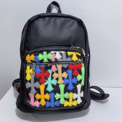 Cross-pattern bag Chrome colored leather splicing backpack schoolbag retro large capacity men and women