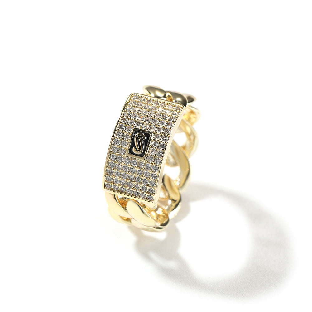 Rings Zircon Ring 14K Gold Full Diamond Cuban Chain Spectrum