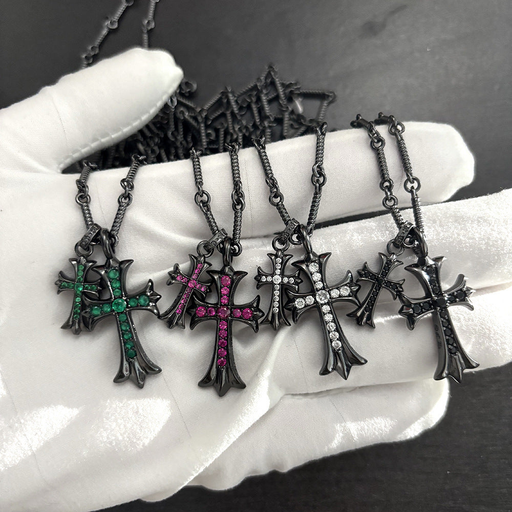 CHH Chrome heart Cross Necklace Cross with Diamond Thai Silver Black Pendant Men's and Women's