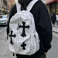 Cross-pattern bag Chrome retro tie-dye printed cross backpack trendy schoolbag leisure travel