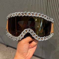 Trendy punk glasses diamond chain large frame