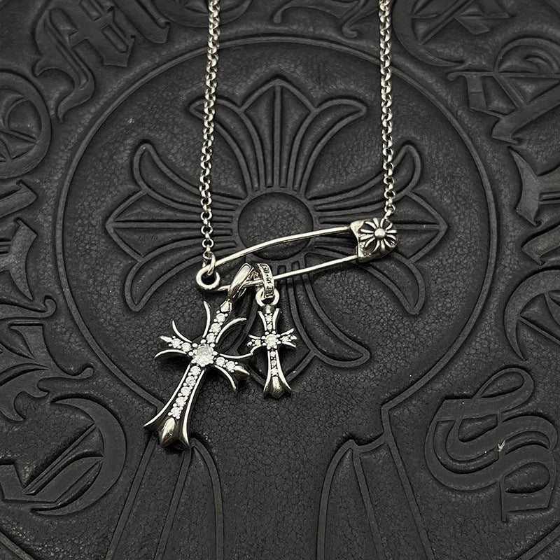 CHH Chrome heart Cross Necklace Vintage Double Cross Pin Male and Female Collarbone Chain