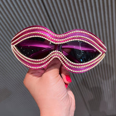Trendy punk glasses one-piece shaped mouth pearl lines
