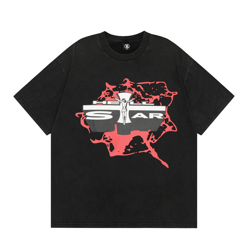Hellstar T Shirt Cross Portrait Printing Casual Loose High-quality pure cotton high-street clothing