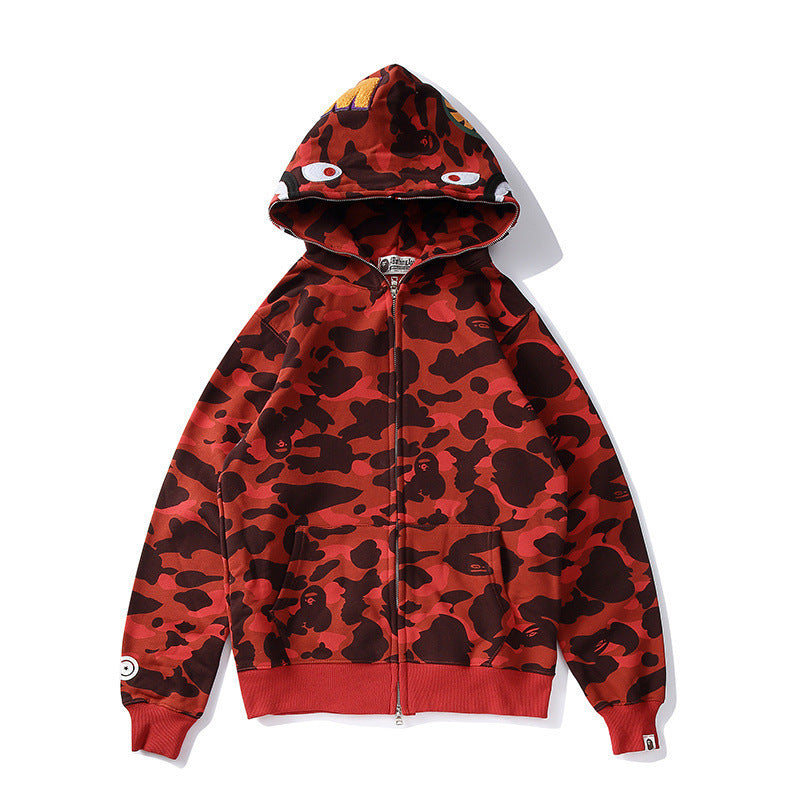 Bathing Ape Bape Autumn and Winter Men's and Women's Pure Cotton Shark Head 3D Camouflage Printing Brushed Hoody Hoodie