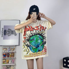 Hellstar T Shirt Earth Print Casual Loose High-quality pure cotton high-street clothing