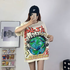 Hellstar T Shirt Earth Print Casual Loose High-quality pure cotton high-street clothing