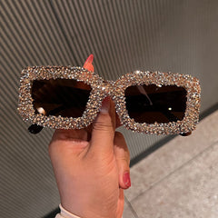 Trendy punk glasses rectangular sparkling diamond sunscreen uv protection
