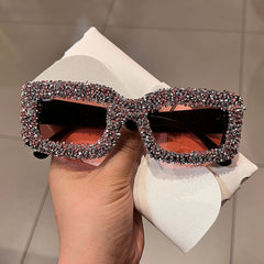 Trendy punk glasses rectangular sparkling diamond sunscreen uv protection