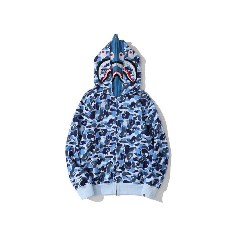 Bathing Ape Bape Hoodie Camouflage Double Hat Autumn/Winter Fleece Cardigan Zipper Loose Shark