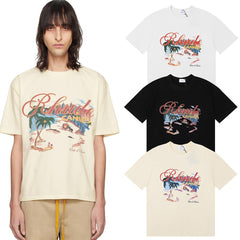 Rhude T Shirts Cannes Beach Coconut Printing Cotton Casual Short Sleeves Men and Women